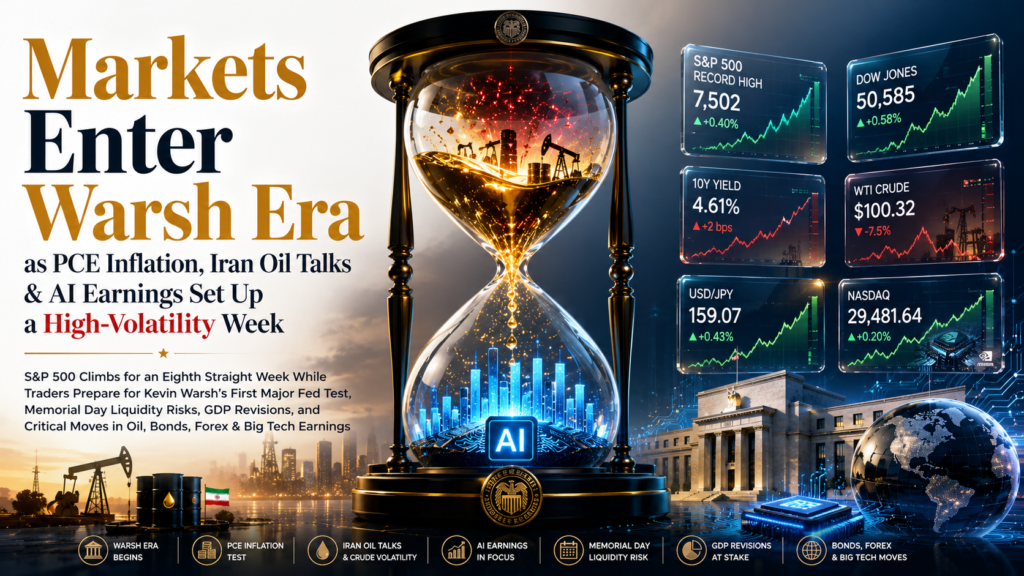 Warsh Era market outlook with inflation, oil volatility, AI earnings and Fed policy graphics