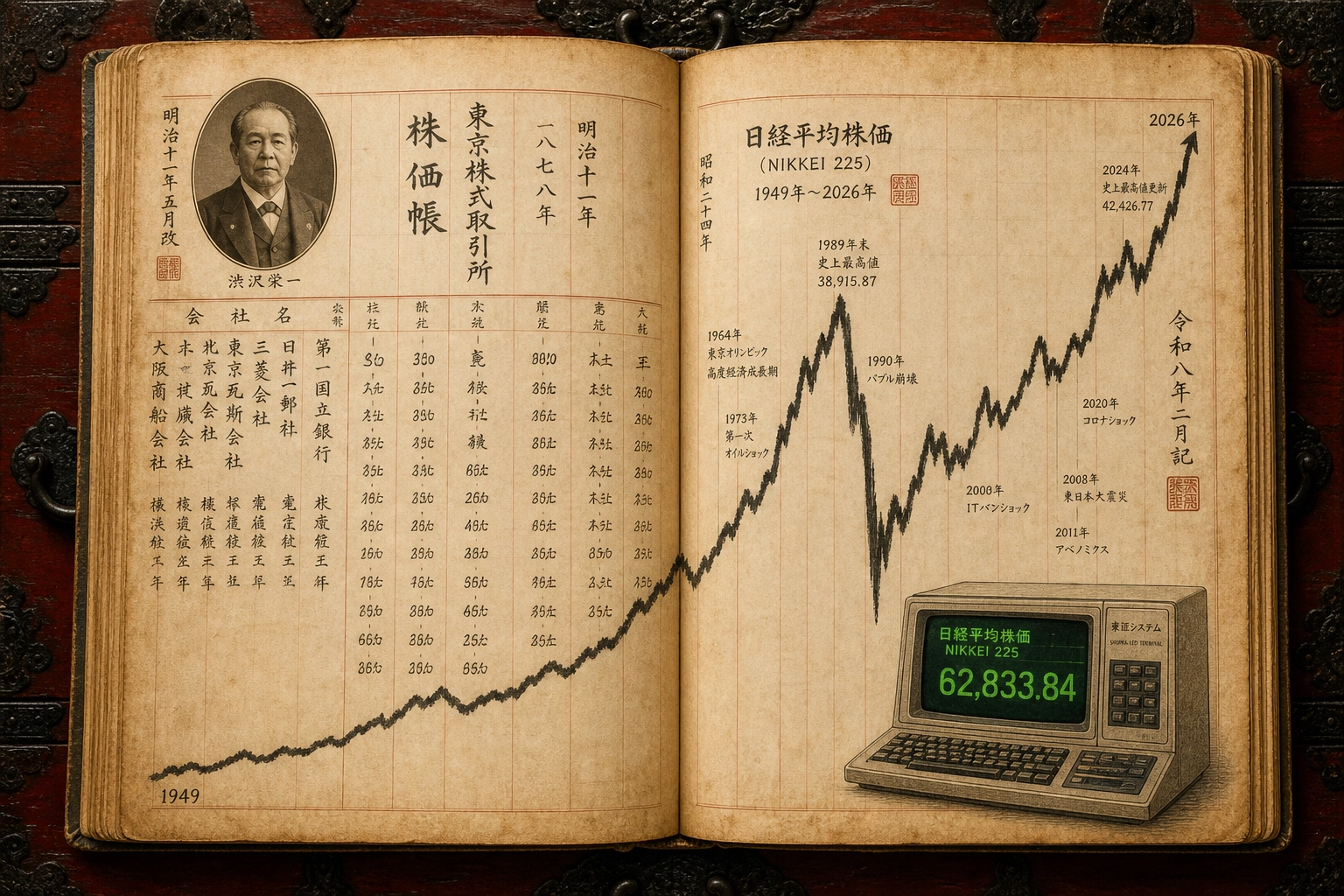 Nikkei 225 chart showing 1989 bubble peak crash and 2026 all-time high recovery