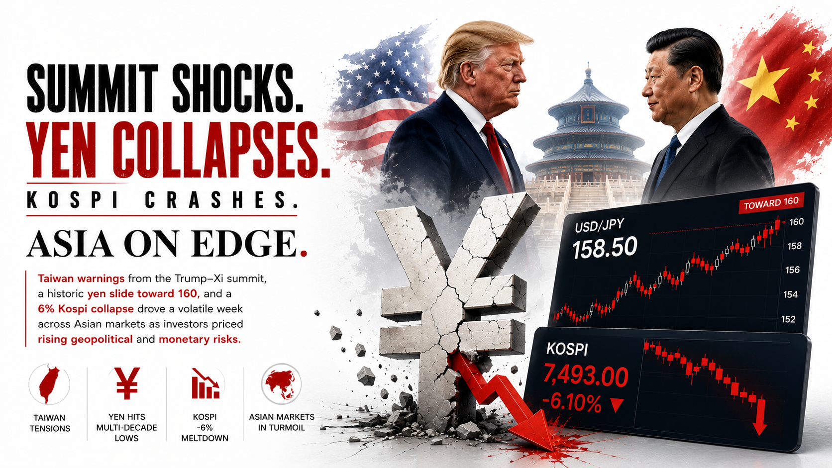 Trump and Xi beside crashing Kospi charts and a collapsing yen in an Asia market crisis