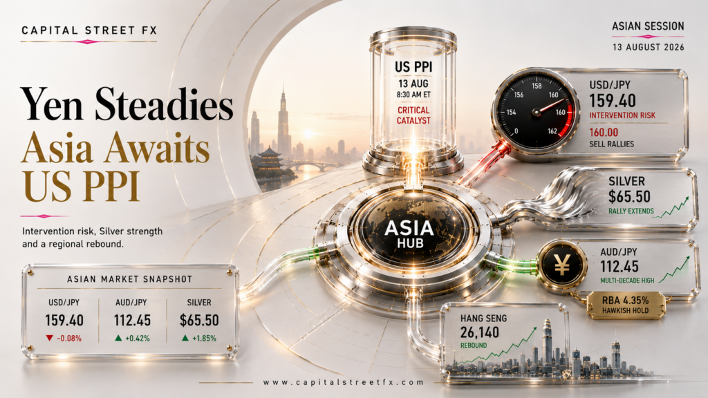 Yen Steadies Near 159.50 on Intervention Risk as Silver Extends Its Rally and Hang Seng Rebounds Ahead of US PPI | Technical Analysis – Asian Session | 13-08-2026